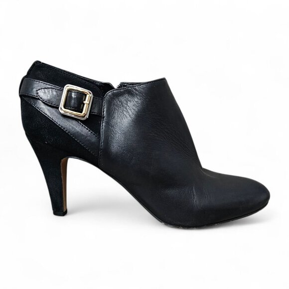 Vince Camuto Vayda Leather & Suede Buckle Black Bootie Heel Ankle Boot - Picture 1 of 13